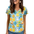 thumbnail image 3 of OIOLOYJM Easter Scrub Tops Women Funny Stretch Bunny Eggs Print Tops Short Sleeve V Neck Shirt Loose Fit Plus Size T Shirts with 2 Pockets Light Blue S, 3 of 5