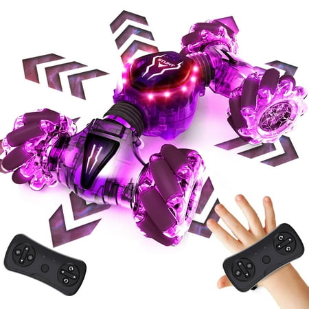 Tecnock Remote Control Car for Boys Girls, 2.4GHz 4WD Gesture Sensing RC Stunt Car Toys - 360° Rotating Double Sided Hand Controlled RC Cars with LED Lights, Gifts for Kids Ages 6-8, 8-12, Purple