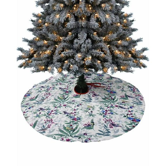 Teal Botanical Christmas Tree Skirt 48 Inches Large Christmas Skirt Tree, Pastoral Plants Spring Floral Birds Tree Skirt Christmas Decorations for Fireplace Party Holidays Indoor Outdoor