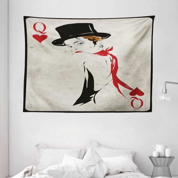 Queen Tapestry, Retro Style Woman with Felt Hat Playing Card Design Poker Casino Ace Icon Gamble, Wall Hanging for Bedroom Living Room Dorm Decor, 80W X 60L Inches, Red Black Beige, by Ambesonne