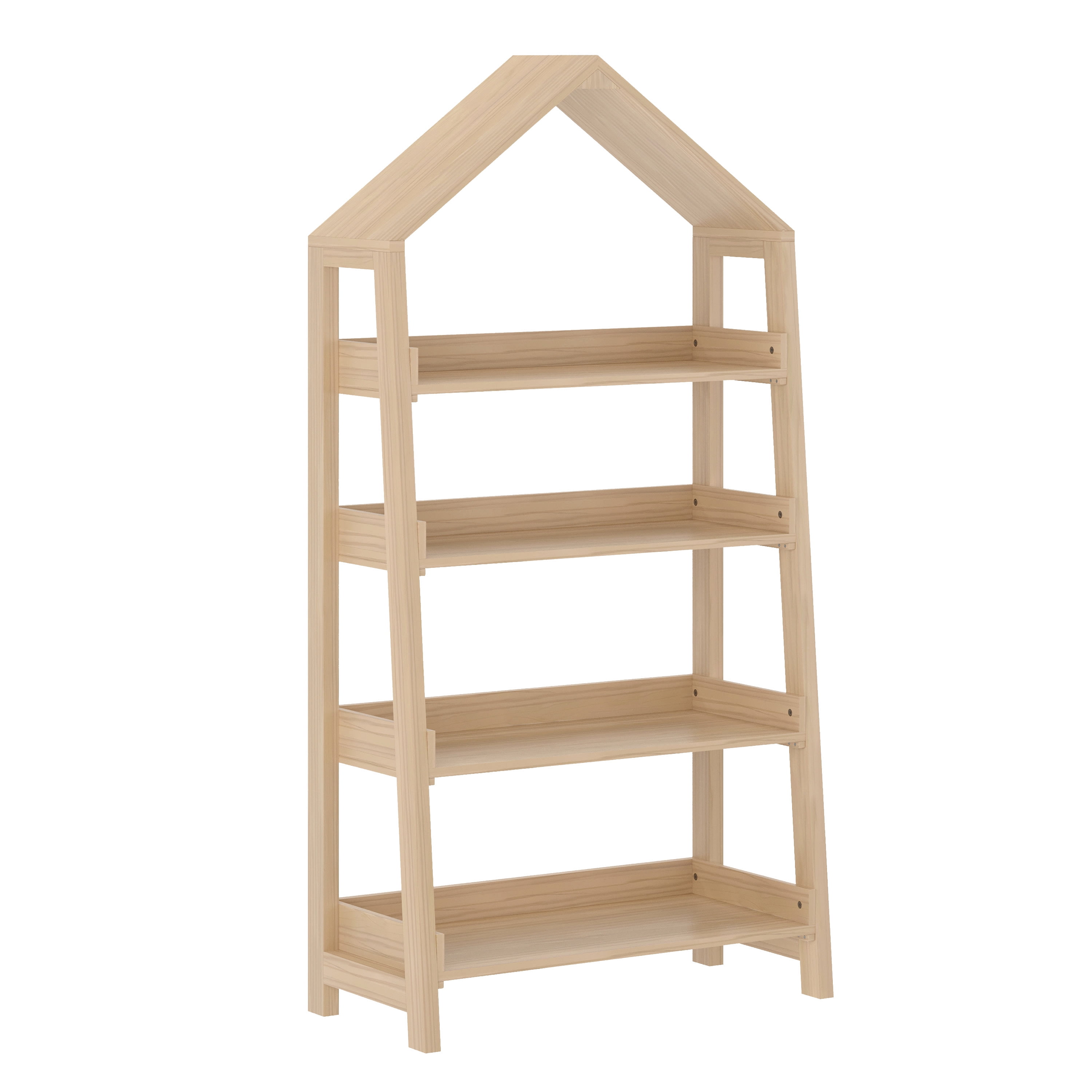 Buzz & Bloom Kids Open-Style Wooden Bookshelf with 4 Shelves and Covered Triangular Top, Natural