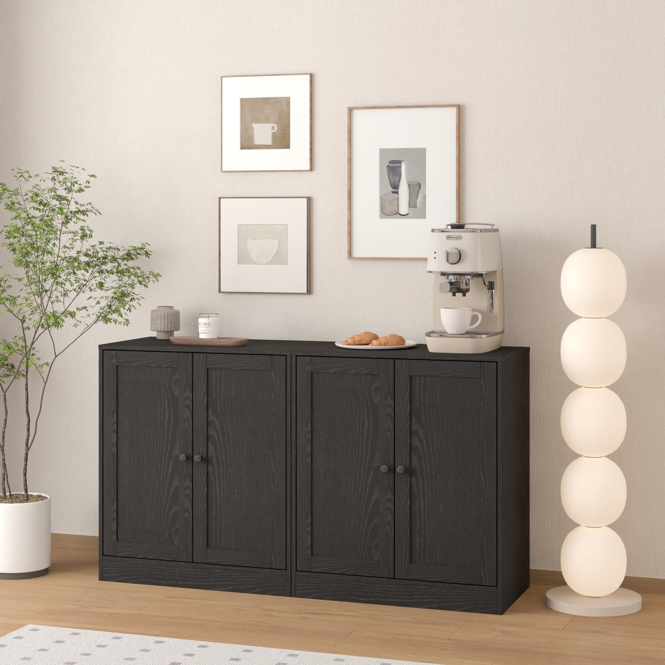 RichYa 4Pcs Kitchen Pantry Storage Cabinet Set,Modular Furniture Cabinets with Display Glass Doors,Hutch Buffet Cabinet with Shelves & Countertop for Dining Room,Black