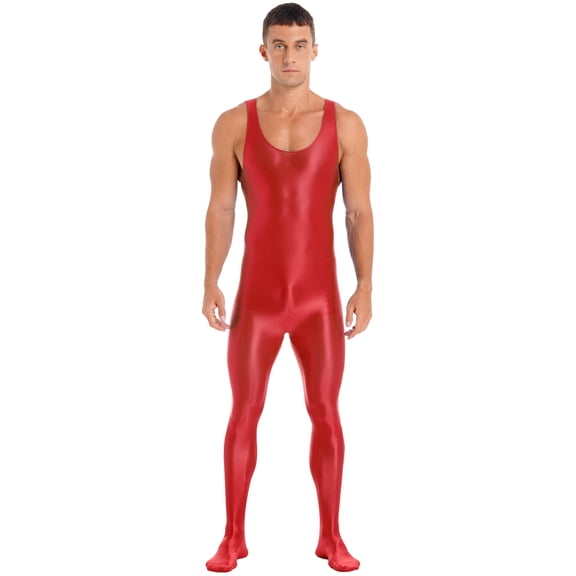 CHICTRY Mens Nylon Glossy Full Body Unitard Sleeveless One Piece Catsuit Gym Sports Leotard Jumpsuit Red XL