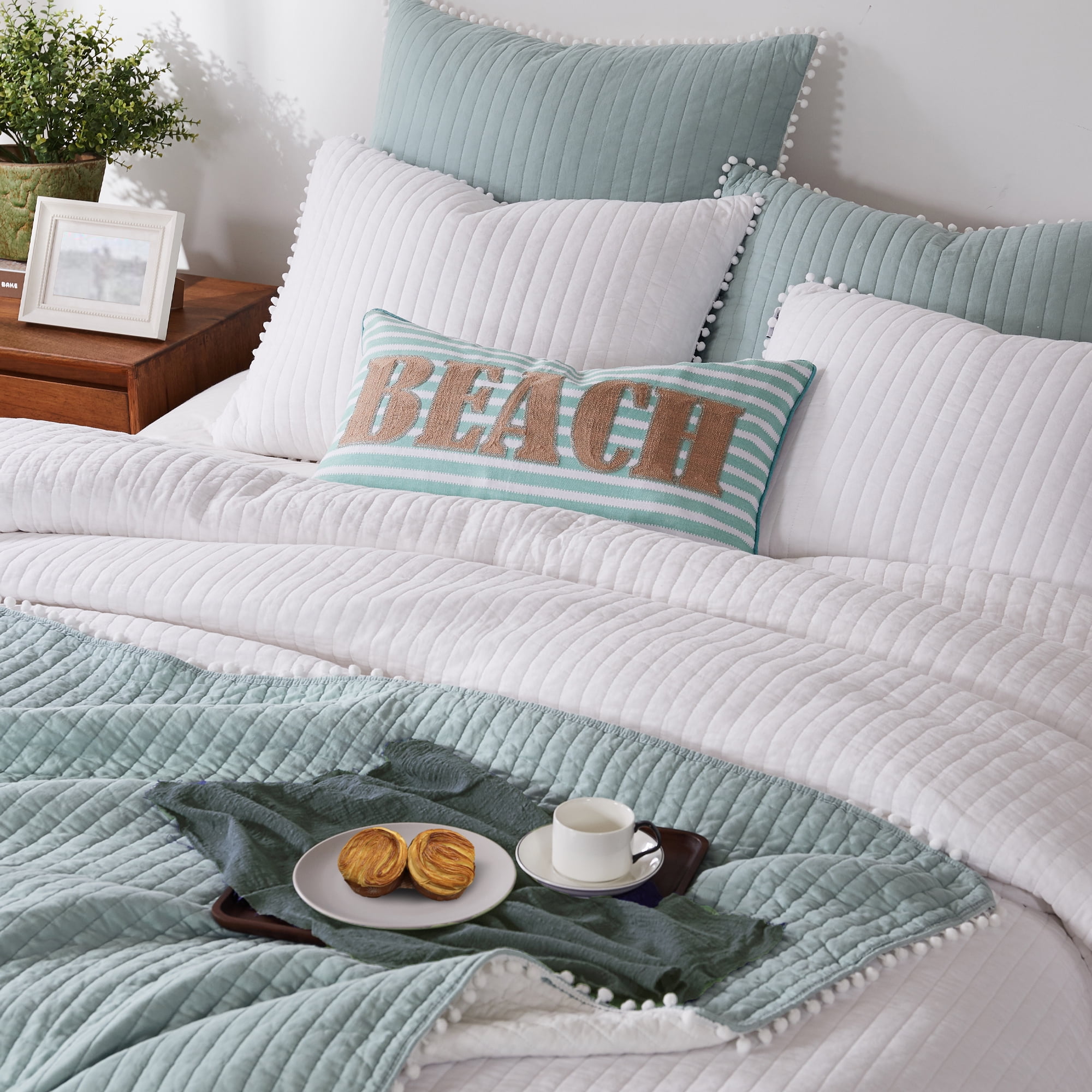 Levtex Home - Pom Pom Quilt - Twin Quilt - Blue Haze - Teal Green - Quilt (68x86in.) - Reversible - Cotton Fabric
