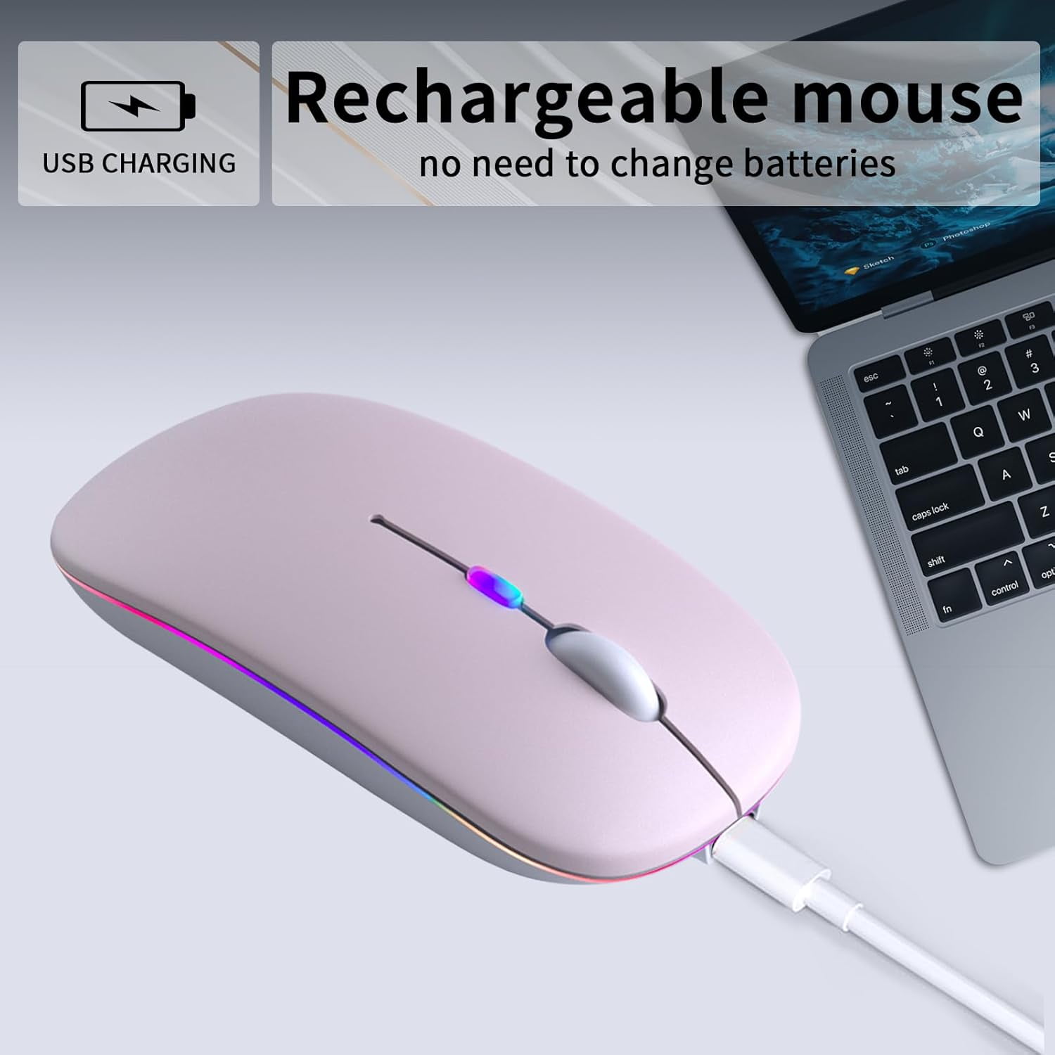 Wireless Bluetooth Mouse – Rechargeable, Silent, Dual Mode (Bluetooth 5.2 & USB) with LED Lights – Portable for Laptop, Desktop, & Tablet(Black)