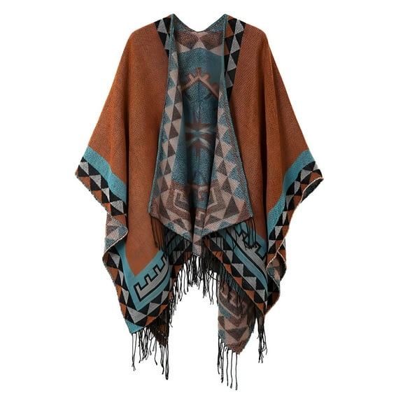 TELOLY Women's Printed Tassel Poncho Cape Wrap Shawl, Knitted Large Poncho Cardigan for Spring, Fall, Winter (Red)