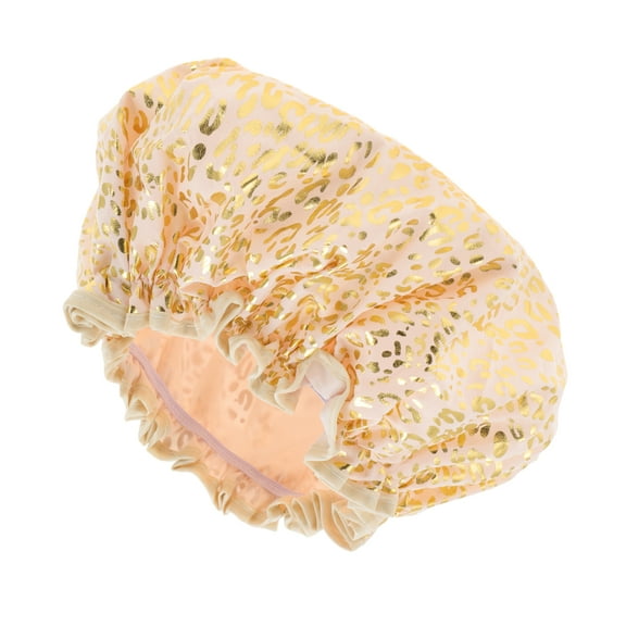 Unique Bargains 1 Pc Women Leopard Point Bath Cap for Bathroom Business Travel Pink Gold Tone