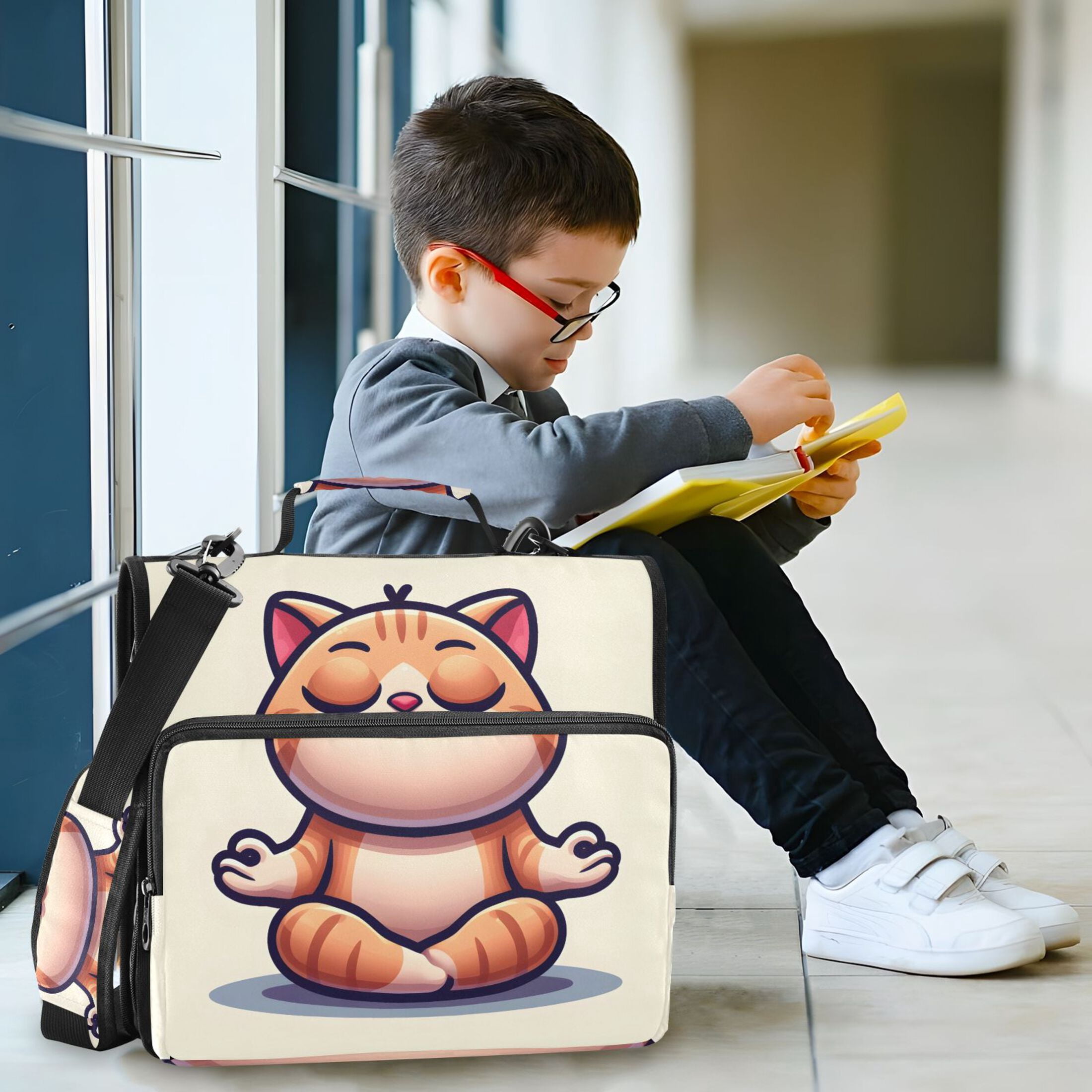 3 Ring Zipper Binder with Shoulder Strap Waterproof Trapper Keeper 2 Inch D-Ring 500 Sheets Capacity Cartoon Yoga Cat