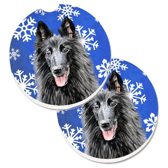 Belgian Sheepdog Winter Snowflakes Holiday Set of 2 Cup Holder Car Coaster