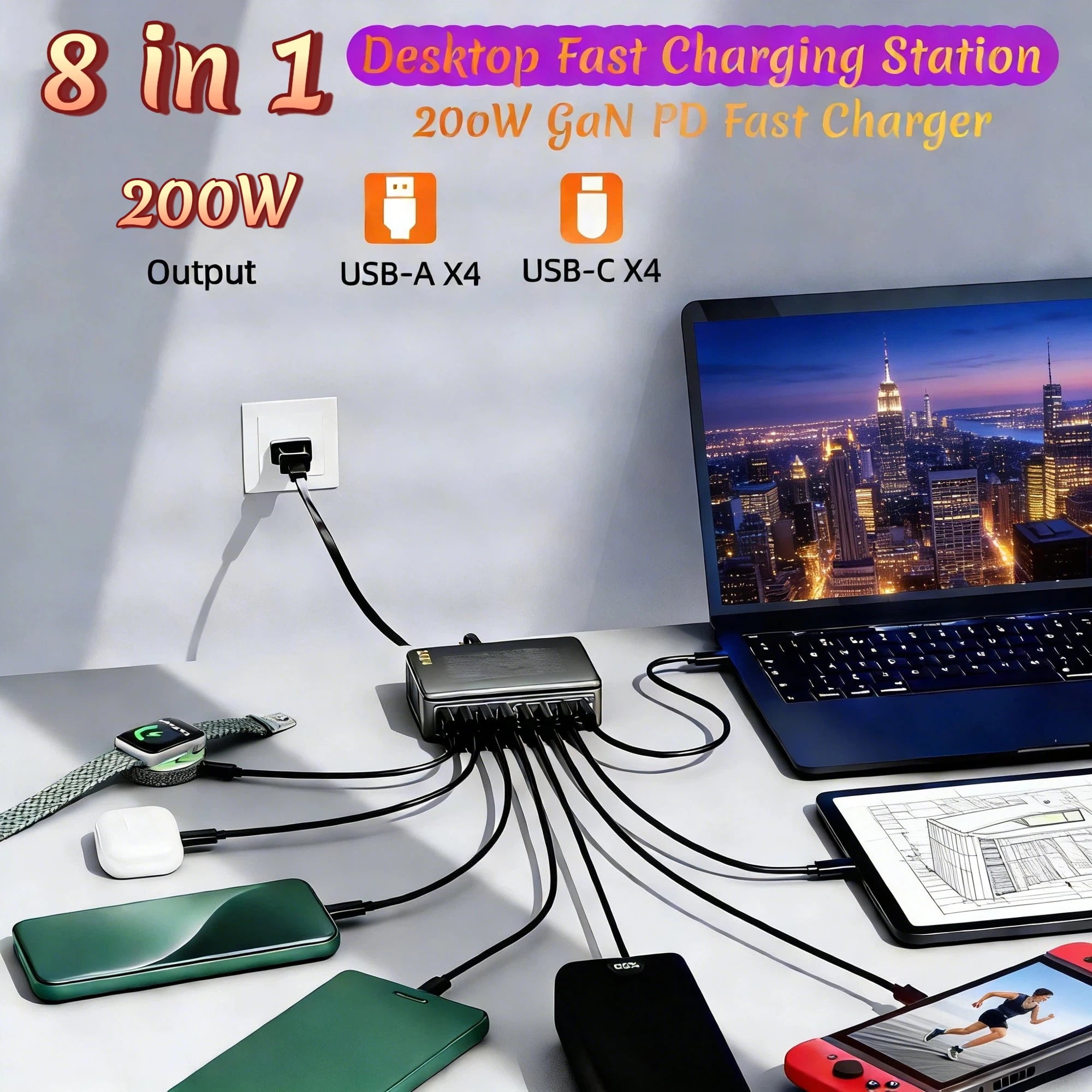 Fast Charger USB C Charger Block, 200W GaN 8 Port USBC Charging Station USB Hub Block Cube, PD 65W Laptop Charging Station for Multiple Devices iPhone 17/16/15,MacBook Pro/Air,iPad,Black