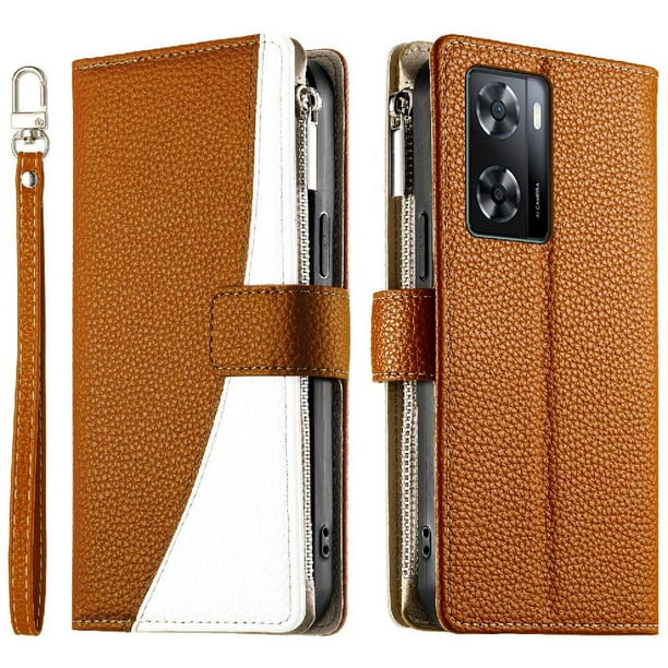 Funda cartera GANGXUN para OPPO A57s 4G/A77s 4G , cuero PU con tarjetero, cremallera, correa de mano, soporte y protección 452°