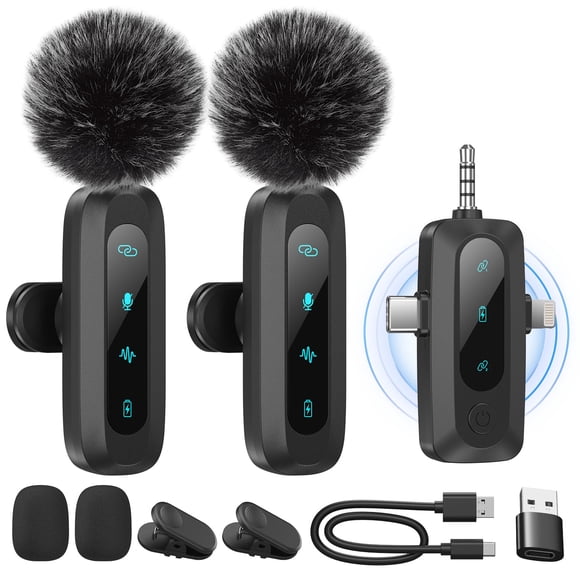 Wireless Lavalier Microphone for iPhone, iPad, Android â?? 2-Pack Mini Mic with Noise Reduction, Auto Pairing, 3.5mm & Lightning Rece