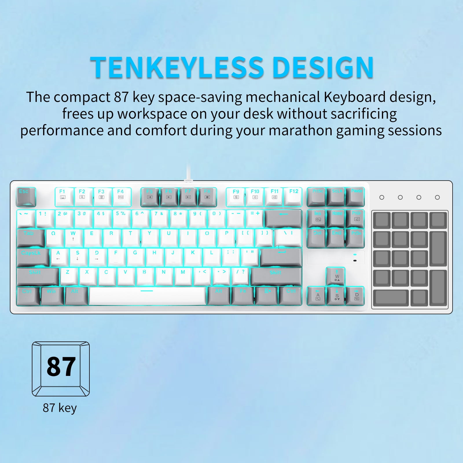 80% Mechanical Gaming Keyboard with Red Switch, E-YOOSO LED Blue Backlit Keyboard, 87 Keys Compact TKL Wired Computer Keyboard for Windows Laptop PC Gamer - White/Grey