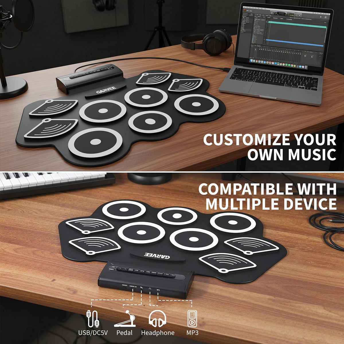 Ataucjin Electronic Drum Set with 9 Pads, Portable Roll-Up Drum Kit with Built-in Speaker, Headphone Jack, Pedals & Sticks, Recording Function, Instrument Set for Beginners