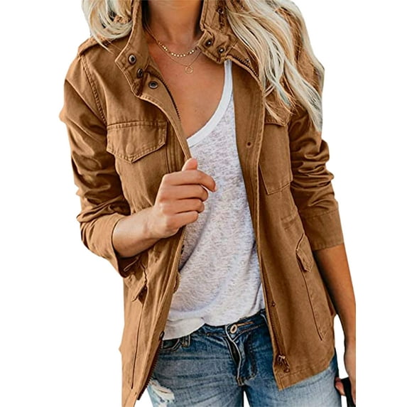 Paille Ladies Solid Color Streetwear Outwear Lightweight Fall Utility Jackets With Pockets Outdoor Coat Military Jacket Brown M