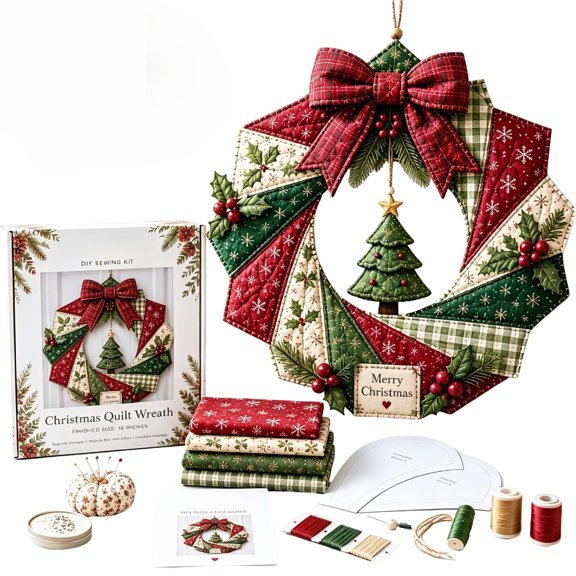 Christmas Classics Patchwork Ornament DIY Kit, Patchwork Hanging Ornament Sewing Craft Kit with Pattern and Supplies, Easy Quilted DIY Handmade Holiday Christmas Tree Decor for Crafters Beginners