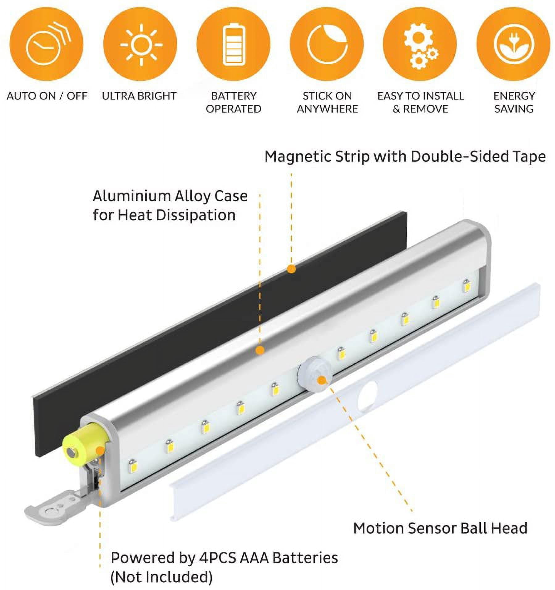 Motion Sensor Closet Lights, 10 Led Battery Powered Lights Led Under Cabinet Lighting Wireless Under Counter Light, Stick On Lights Motion Night Light Bar for Stairs Hallway Kitchen, White 4 Pack