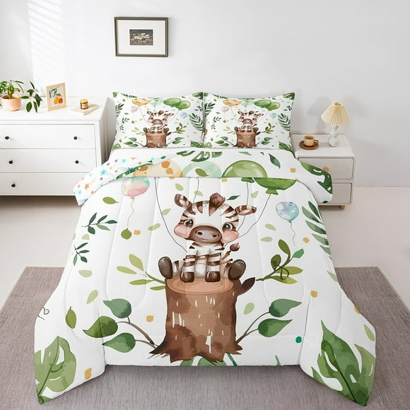 YST Kids Zebra Bedding Set For Boys Girls King Wild Safari Animal Comforter Set Watercolor Palm Banana Leaves Jungle Bedding Comforter Sets Wildlife Plant Bed Set Children Room Decor