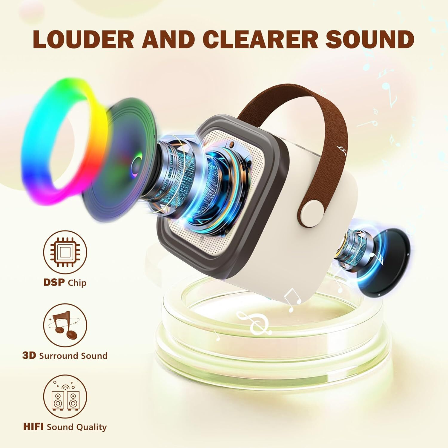 FFORCE Mini Karaoke Machine for Kids and Adults — Portable Bluetooth Speaker with 2 Wireless Microphones, Home Karaoke System, Gift for Girls Ages 4-12+ (Beige)