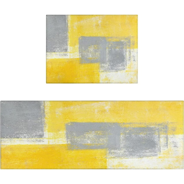 Yellow Grey Kitchen Rug Mat Set 2 Piece Abstract Art Painting Kitchen