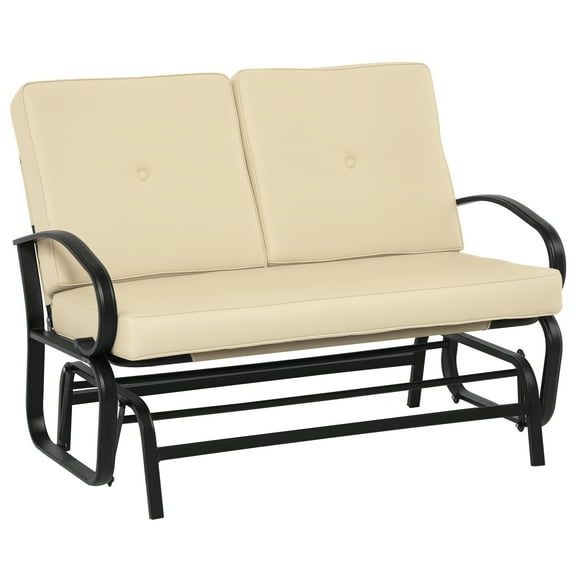 Homiyad Patio Glider Bench with Padded Cushions and Armrests, Outdoor 2-Person Swing Rocking Chair Loveseat with Sturdy Frame, Beige