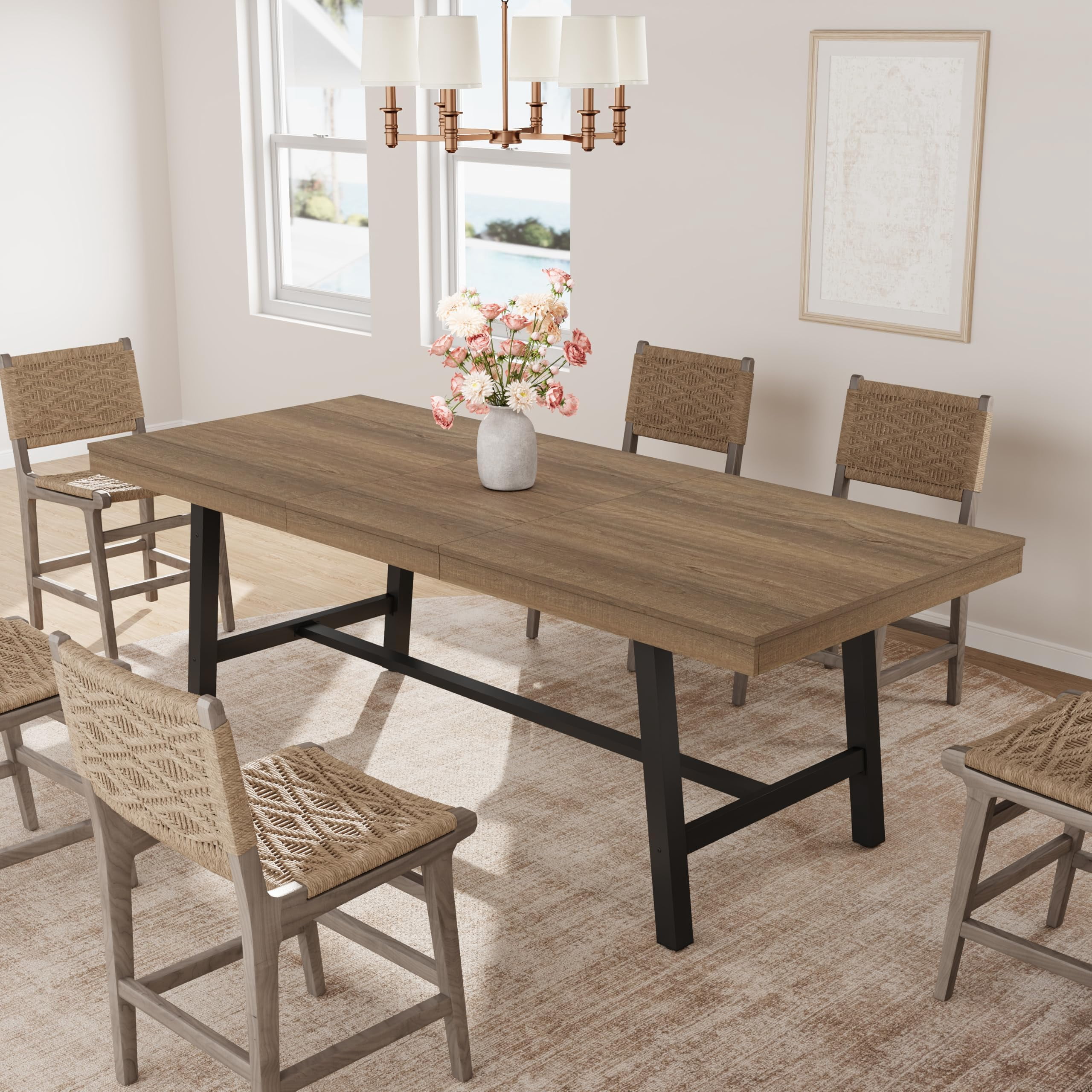 63"-83" Extendable Industrial Dining Table - Seats 6-8 - Expandable Rectangular Kitchen Table with Metal Frame for Parties-Rustic Pear