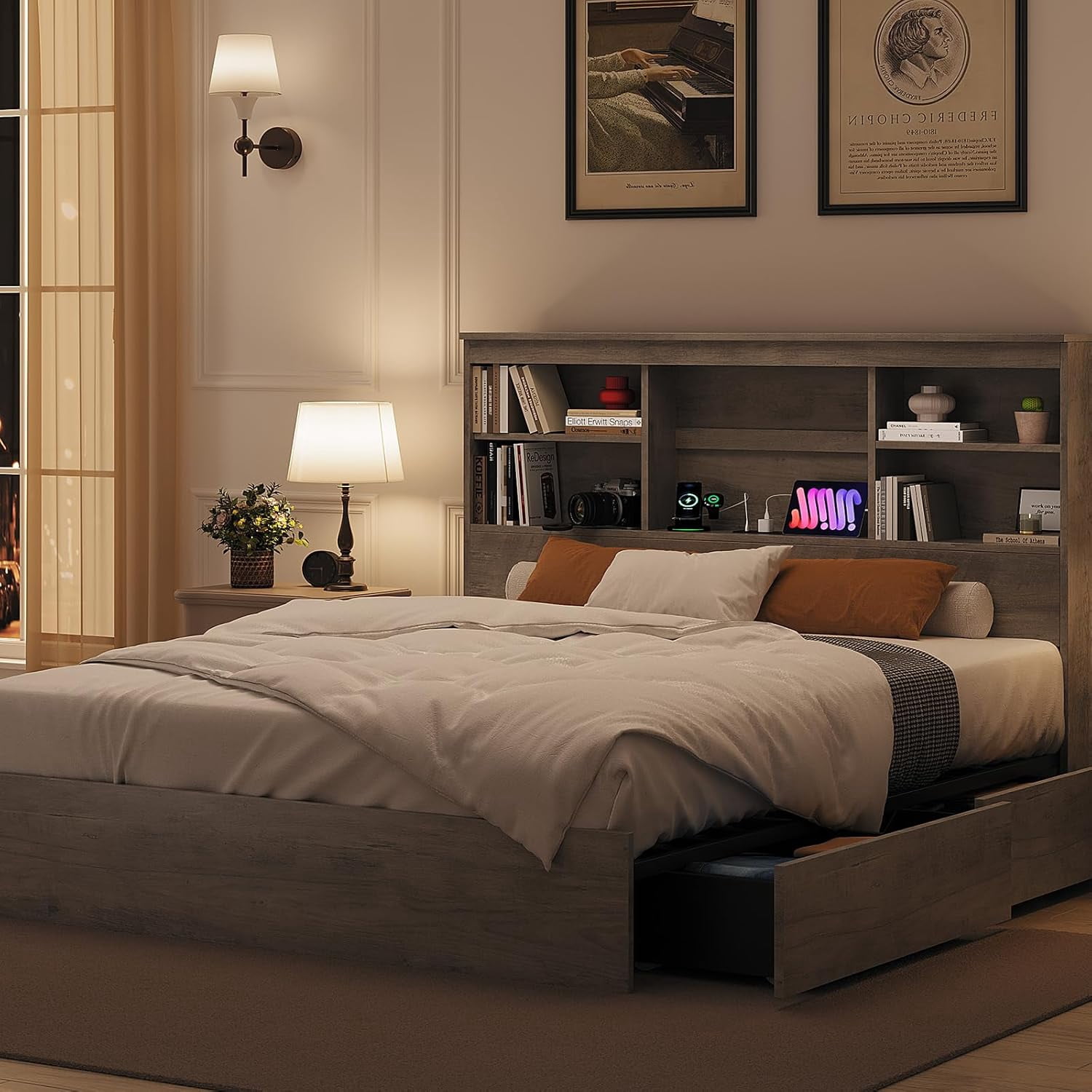 Queen Size Bed Frame with High Storage Bookcase Headboard, Wood Bed Frame with 4 Storage Drawers, Built in Charging Station, No Box Spring Needed, Metal Frame, Noise-Free, Grey