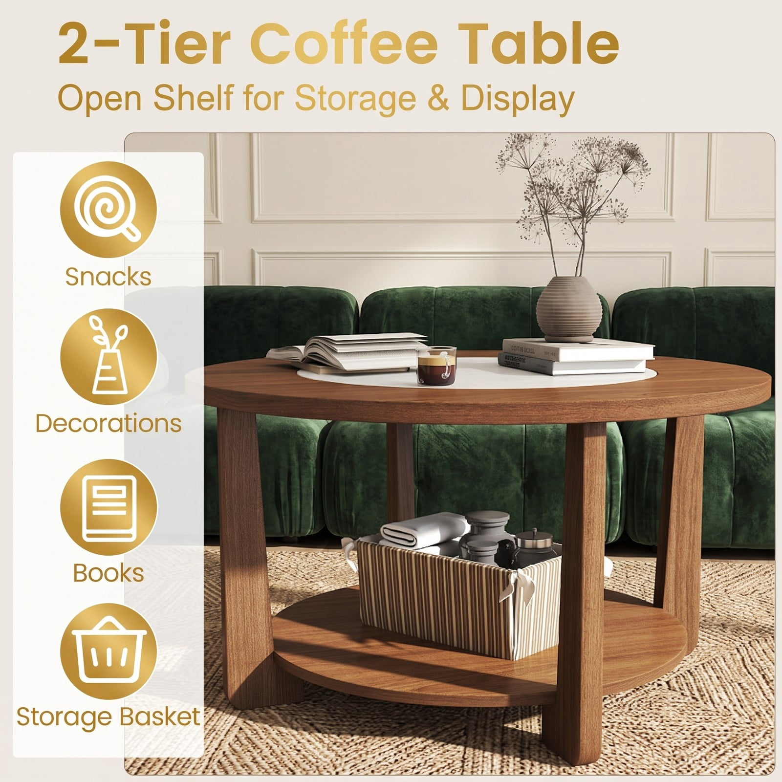Furnibear Farmhouse Round Coffee Table, 2-Tier Accent Center Table with 2-Tone Tabletop and Open Storage Shelf, Solid Rubber Wood Legs, Round Cocktail Table for, Brown