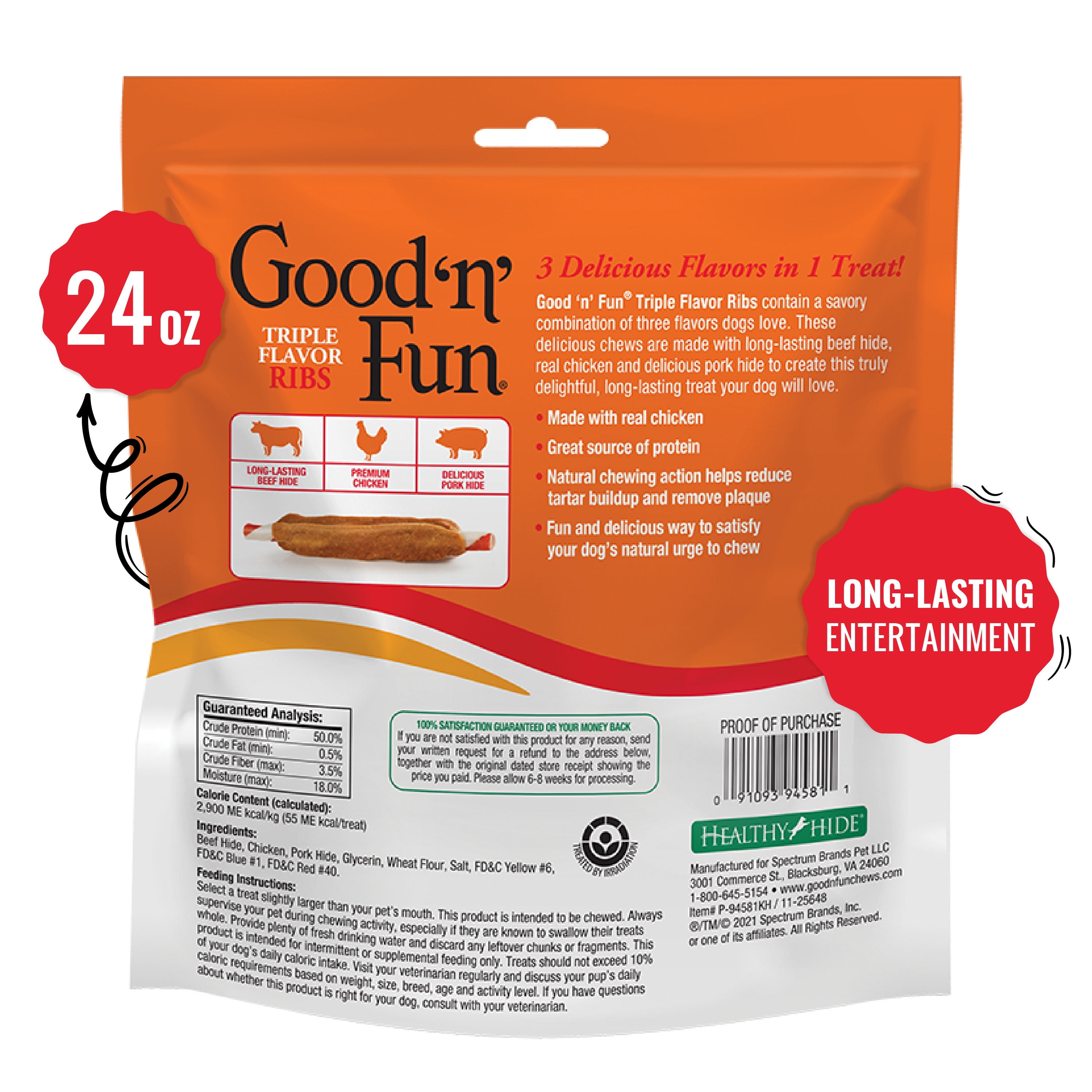 (6 pack) Good 'n' Fun Triple Flavor Ribs, Rawhide Chews for All Dogs, 24 oz.