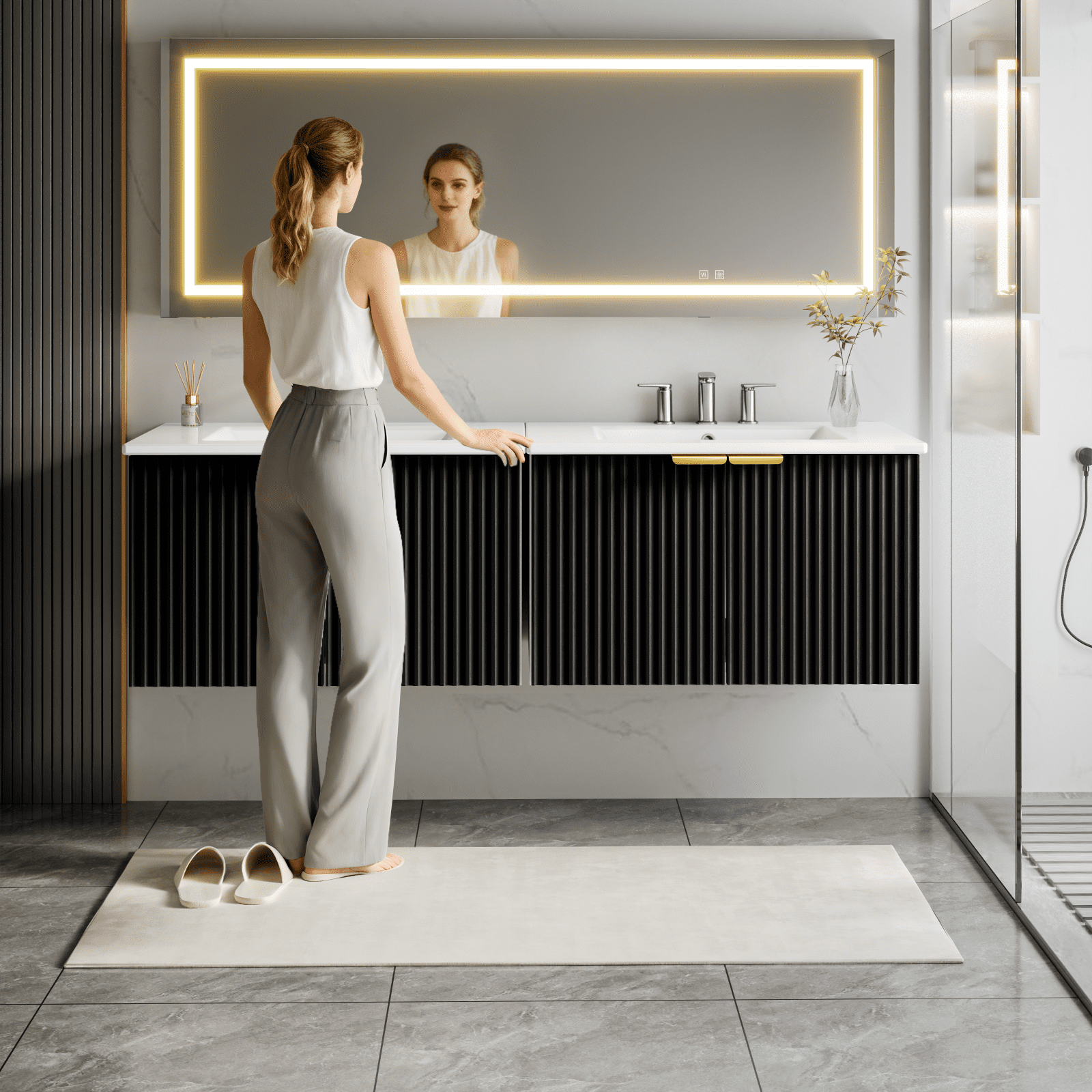 EVOKEDEN 30" Wall Mounted Floating Vanity Cabinet w/ LED Light, Metal Handle & Double Soft-Close Doors, Black