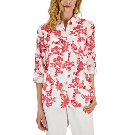 Petite Floral Linen Button Front Shirt Red Barn Combo PXL