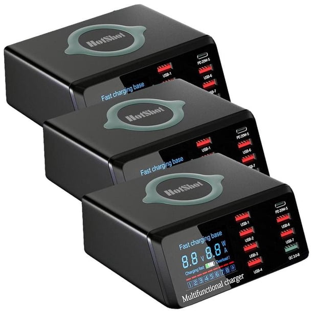Cargadores USB de Carga Rápida UltraChargeX 3 Pzas 100W Estación de Carga QI USB Negro.