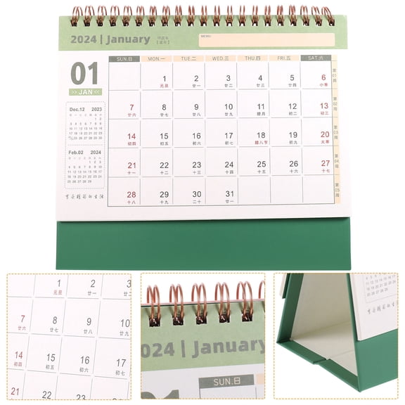OUNONA 2024 Table Calendar Green Thick Paper Desktop Calendar with Double Coil for Daily Planning