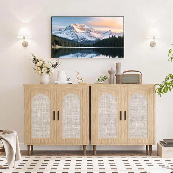 Set of 2 Modern Rattan Sideboard Cabinets – Adjustable Shelves & Sturdy Wood Feet – Ample Storage for Entryway, Living Room, Kitchen