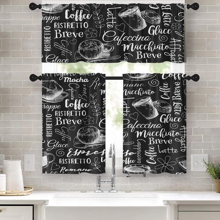 36 Inch Black Window Curtains and Valances Set of 3  Vintage Coffee Names Short Tier Curtain for Kitchen Vintage Small Kitchen Decor