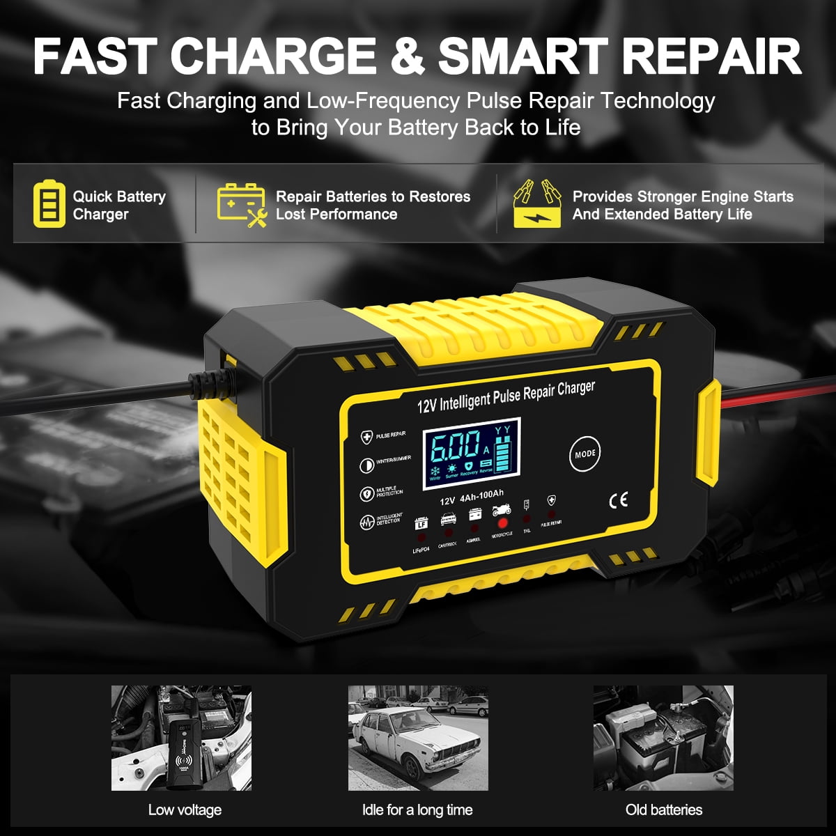 GPED Automatic Battery Charger, 12V/6Amp Battery Maintainer, Smart Car Trickle Charger with Temperature Compensation Auto Stop for Car Truck Motorcycle Lawn Mower Boat Marine Batteries
