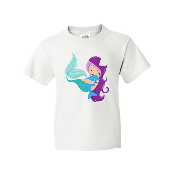 Inktastic Mermaid and Dolphin, Mermaid with Purple Hair Youth T-Shirt