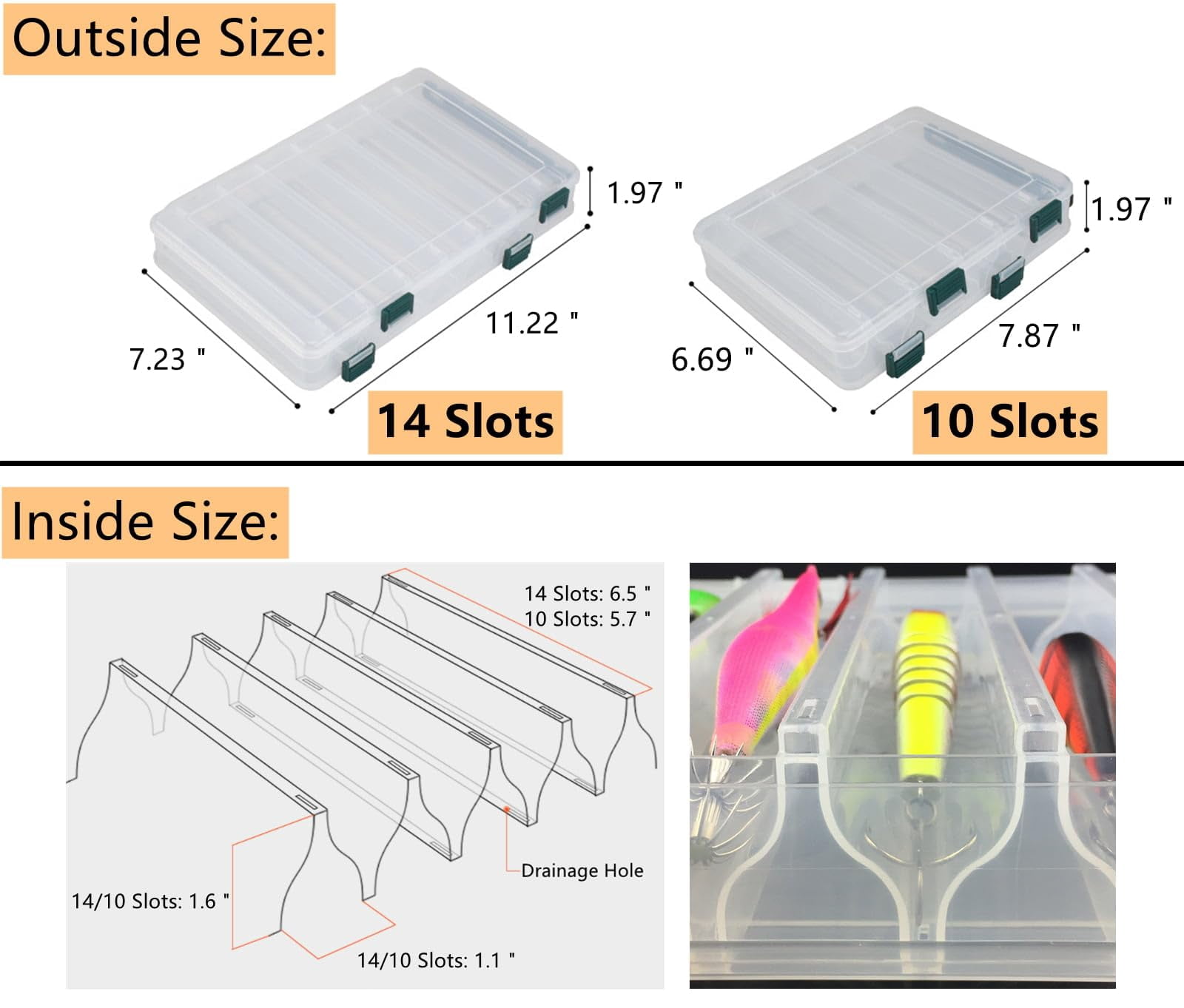 Double-sided Fishing Lure Hook Tackle Box Visible Hard Plastic Clear Bait Squid Jig Minnows Hooks Accessory Storage Case Container (clear-14 Slots 2pcs)