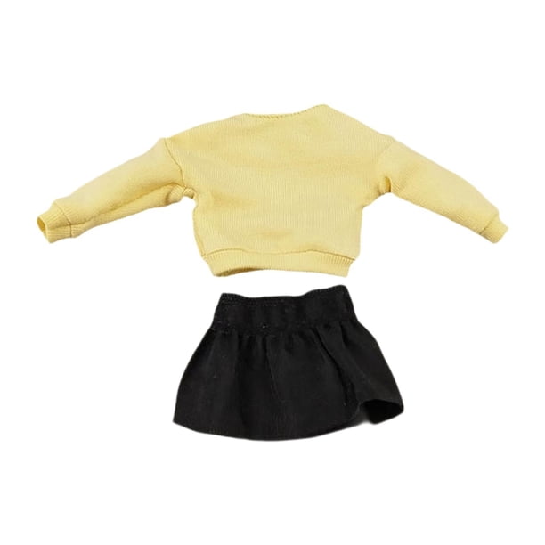 Jersey de manga larga y falda a escala 1/12, disfraz informal de moda con hombros descubiertos parte superior amarilla