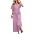 thumbnail image 1 of Ensemble 2 Pcs pour Femmes Ensemble de Vêtements de Vacances pour Femmes Col Rond Manches Courtes Hauts Pantalons Style Cargo S_388 Survêtements pour Femmes Roses G, 1 of 6