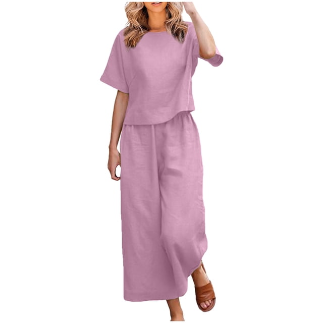 Ensemble 2 Pcs pour Femmes Ensemble de Vêtements de Vacances pour Femmes Col Rond Manches Courtes Hauts Pantalons Style Cargo S_388 Survêtements pour Femmes Roses G