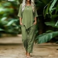 thumbnail image 4 of Bloomae Two Piece Cotton Linen Outfit Sets for Women Lightweight Casual Summer Short Sleeve Irregular Hem Tops Drawstring Elastic Waist Button Ruched Bottom Pants Trendy Matching Lounge Set Green M, 4 of 7