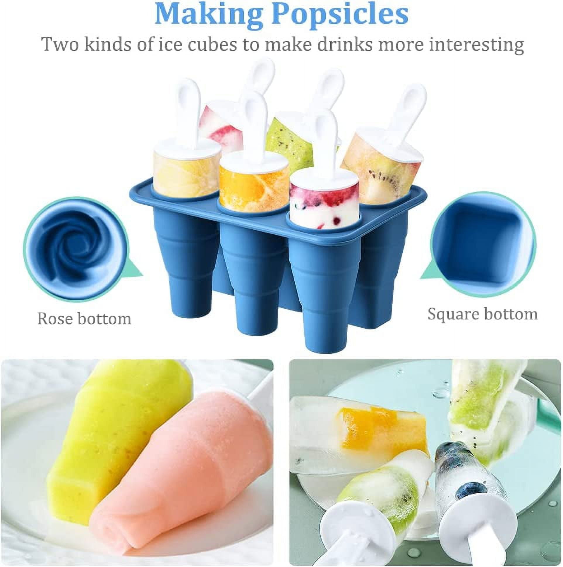 Popsicle Molds 6 Pieces Silicone Ice Pop Molds, BPA Free Popsicle Mold  Reusable Easy Release Ice Pop Maker with Silicone Funnel and Cleaning  Brush,Blue\u2026 