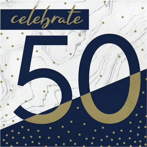 Creative Converting 357608 6.5 in. Navy & Gold Milestone 50th Birthday Luncheon Paper Napkin