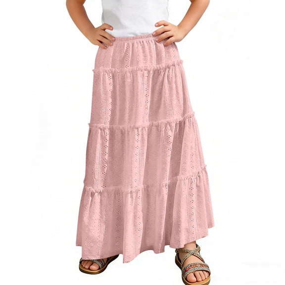 WQNVRNR Girls Tiered Hem Skirts- Elastic Waist A-Line High Waist Casual Flowy Skirts Pink Size 12
