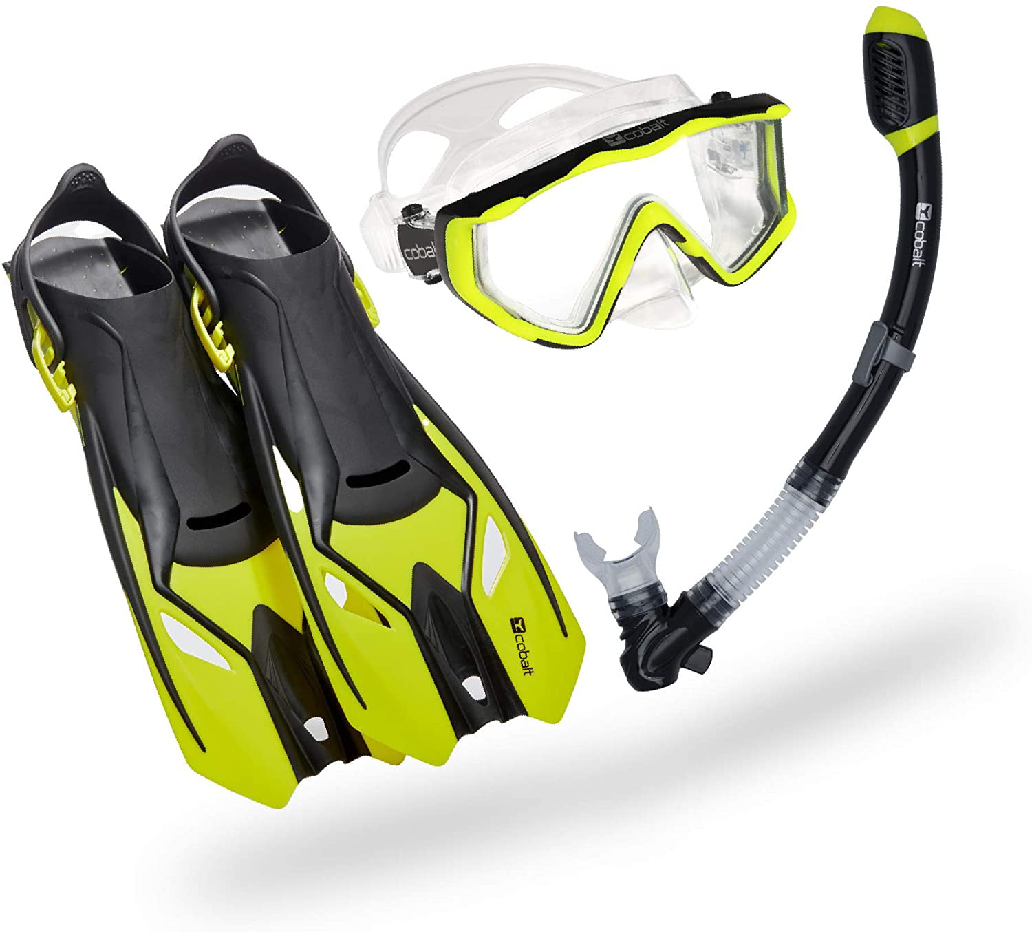 Dry Top Snorkel and Adjustable Fins for Snorkeling Wide View Mask Scuba Diving Cobalt Rincon Panoramic Snorkel Set 