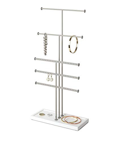 5 Umbra Trigem Tiered Tabletop Jewelry Organizer Freestanding Hanging Necklace Earring and Bracelet Display White/Nickel