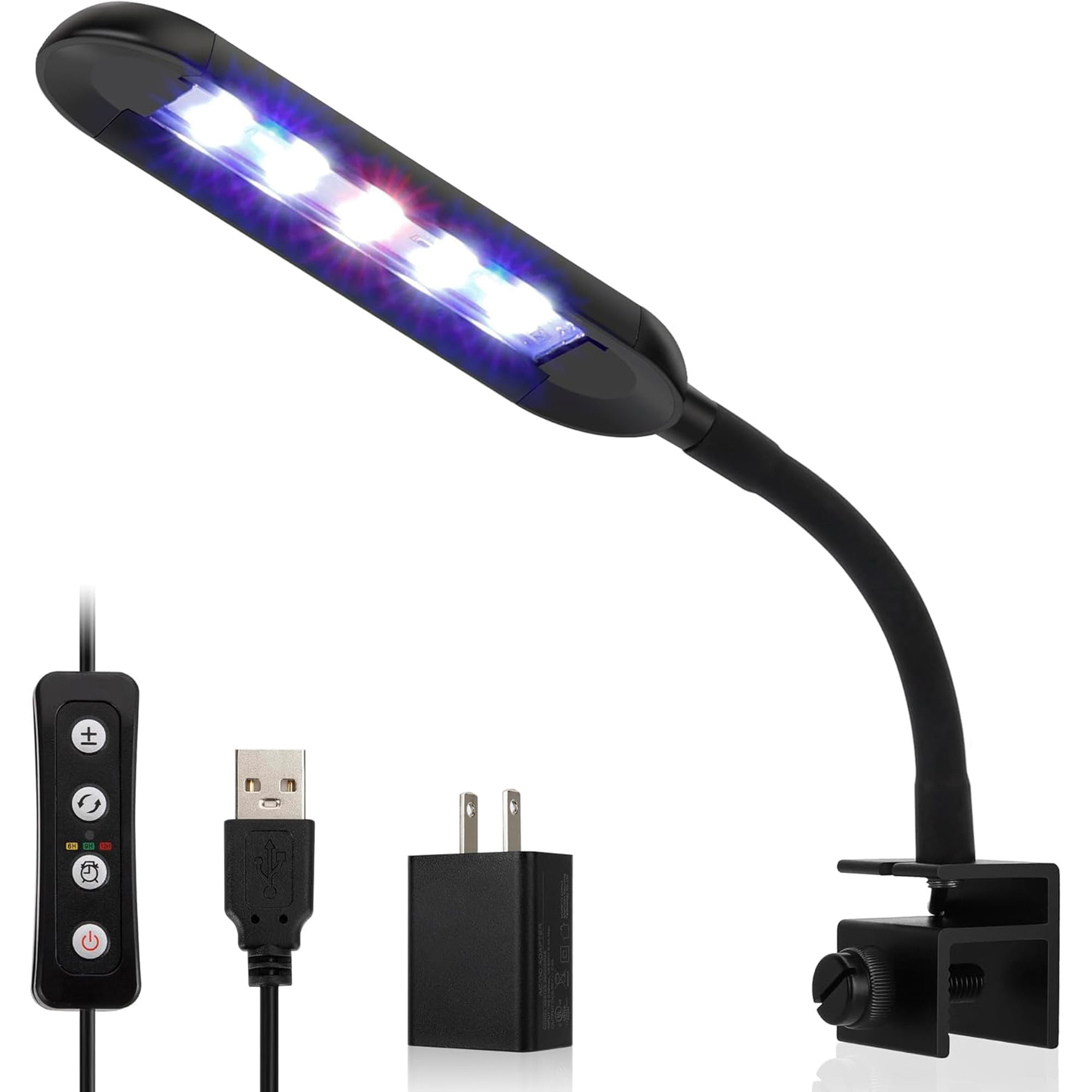 0.5-5 Gallon Nano Tank Mini Clip-on Aquarium Light with White Blue Red LEDs Fish Tank Lighting Built-in Timer 5 Brightness Levels 6W with USB Port (Include Power Adapter)