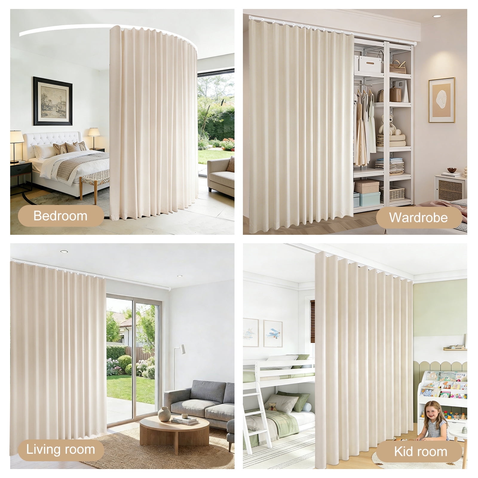 MaKefeile Blackout Curtain Divider with Ceiling Curtain Track for Room Partition,1 Panel Beige Privacy Divider Curtain and White Flexible Track Set