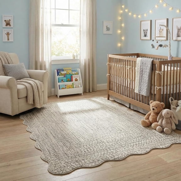 4x6 Scalloped Braided Print Farmhouse Area Rug, TPR Non Slip Washable Low Pile Small Space Living Room Bedroom Carpet,Beige-gray